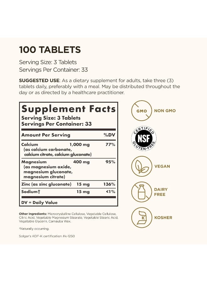 Solgar Calcium Magnesium Plus Zinc - 100 Tablets - Image 2