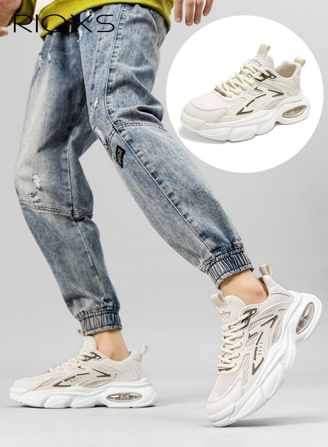 ريوكس حذاء رياضي رجالي شبكي سميك، حذاء جري خفيف الوزن ومسامي للرجال، حذاء رياضي كلاسيكي برباط سميك ووسادة هوائية مبطنة، حذاء رياضي غير قابل للانزلاق ومريح للارتداء اليومي في العمل أو الصالة الرياضية، لون بيج - Image 1