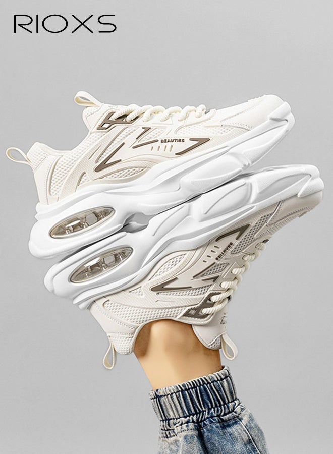 ريوكس حذاء رياضي رجالي شبكي سميك، حذاء جري خفيف الوزن ومسامي للرجال، حذاء رياضي كلاسيكي برباط سميك ووسادة هوائية مبطنة، حذاء رياضي غير قابل للانزلاق ومريح للارتداء اليومي في العمل أو الصالة الرياضية، لون بيج - Image 2