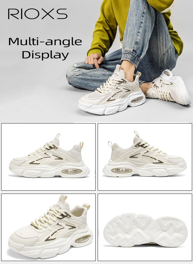 ريوكس حذاء رياضي رجالي شبكي سميك، حذاء جري خفيف الوزن ومسامي للرجال، حذاء رياضي كلاسيكي برباط سميك ووسادة هوائية مبطنة، حذاء رياضي غير قابل للانزلاق ومريح للارتداء اليومي في العمل أو الصالة الرياضية، لون بيج - Image 3