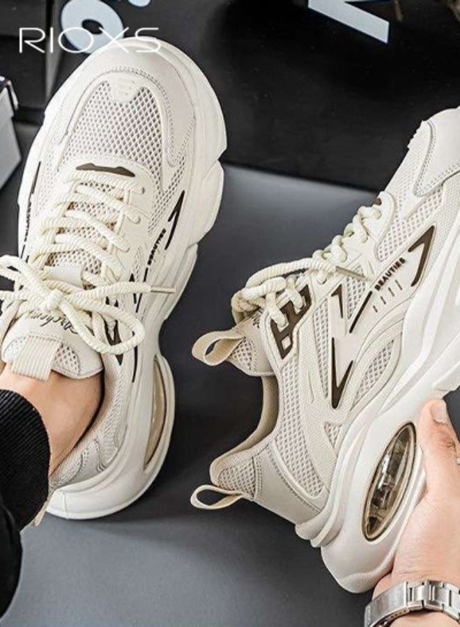 ريوكس حذاء رياضي رجالي شبكي سميك، حذاء جري خفيف الوزن ومسامي للرجال، حذاء رياضي كلاسيكي برباط سميك ووسادة هوائية مبطنة، حذاء رياضي غير قابل للانزلاق ومريح للارتداء اليومي في العمل أو الصالة الرياضية، لون بيج - Image 5