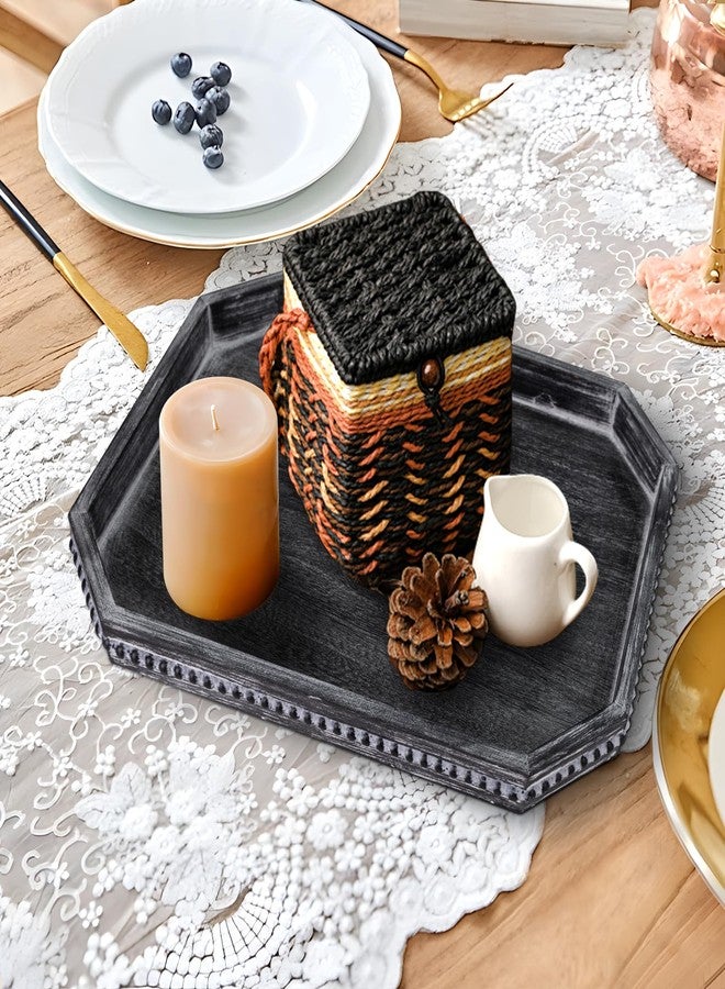 CedarLux Decorative Coffee Table Serving Tray, Long Octagonal Black Wood Tray with Wooden Bead, Farmhouse Big Tray for Ottoman Table, Countertop, Home Decor, 16.5"x13"x1.6" (Retro Black) - Image 4