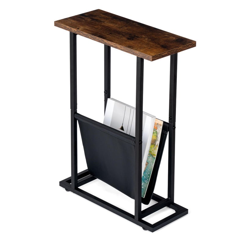 FLYJOE Narrow Side Table with PU Leather Magazine Holder Rustic Slim Little Thin Table for Living Room Bedroom Sofa Rustic Brown