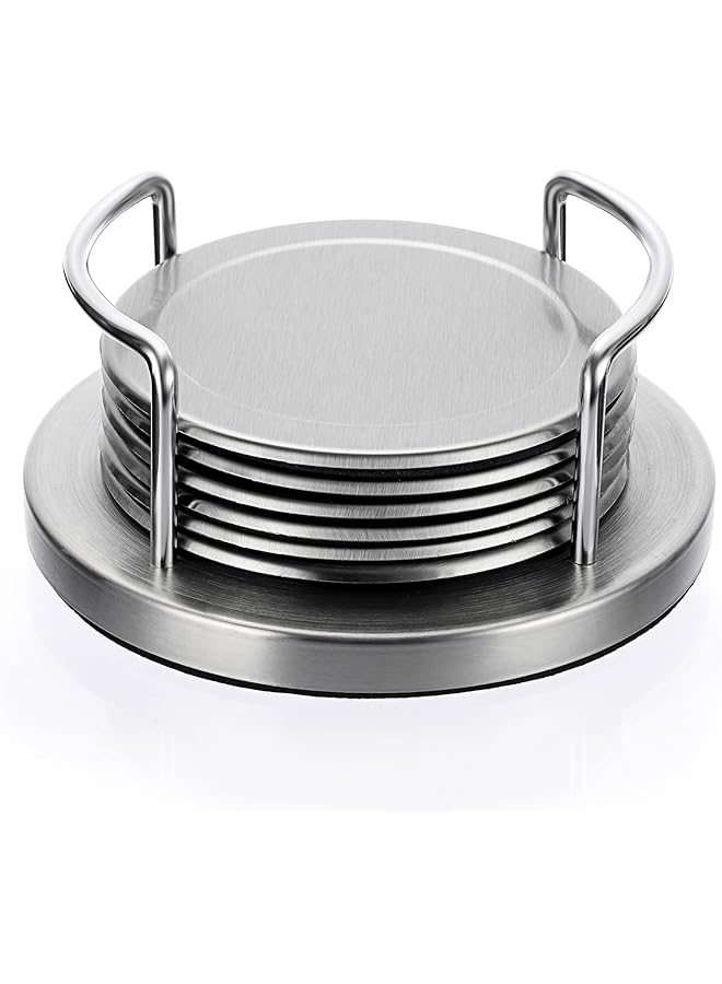 erorex Stainless Steel Round Coasters With Holder And Sponge Bottom Set Of 6 Silver Metal Cup Coasters Set Stunning Cool Coaster Cups Mats Decor For Restaurant Kitchen Bar Dining Table - Image 1