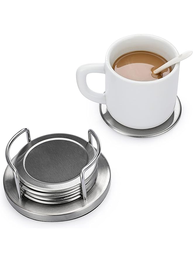 erorex Stainless Steel Round Coasters With Holder And Sponge Bottom Set Of 6 Silver Metal Cup Coasters Set Stunning Cool Coaster Cups Mats Decor For Restaurant Kitchen Bar Dining Table - Image 3