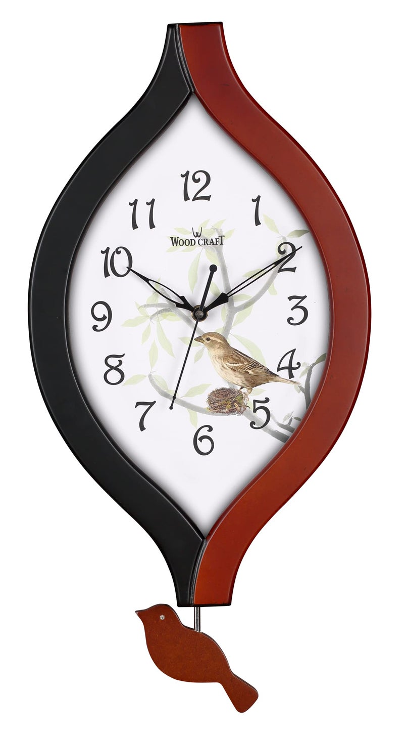 Wood Craft Wall Clock: Bird-Themed Wooden Pendulum Wall Clock, Stylish Look - Brown & Black Dual Colour Finish, 50cm x 24cm, Stroke Quartz Mechanism, Brown Frame - White Dial, Model: WP-135 - Image 1