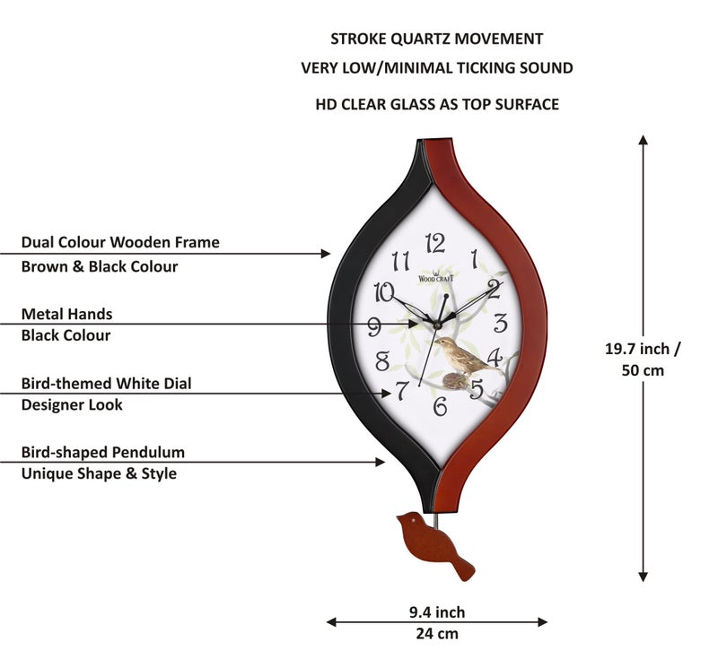 Wood Craft Wall Clock: Bird-Themed Wooden Pendulum Wall Clock, Stylish Look - Brown & Black Dual Colour Finish, 50cm x 24cm, Stroke Quartz Mechanism, Brown Frame - White Dial, Model: WP-135 - Image 2