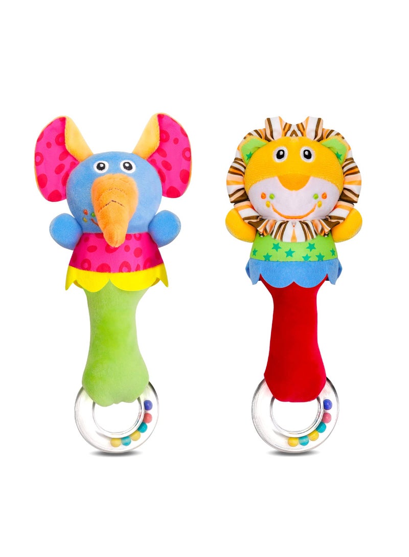 Zikra 2 Pack Baby Soft Rattle Toys for Newborns, Plush Rattle Stuffed Animals Hand Grip Rattle Set Molar Teether Rings Early Educational Toy Soft Rattle and Teether Toy for Toddler 0 3 6 9 12 Month Gift - Image 1