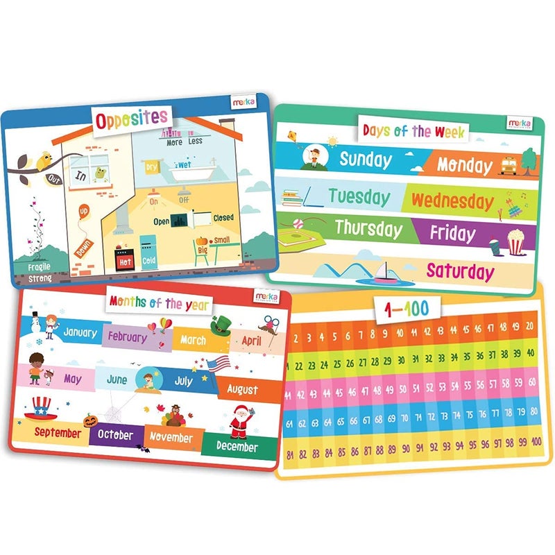 merka Kids Placemats Set - 4-Pack, 17 x 11 in, Multicolor - Interactive Preschool Learning Placemats for Ages 2 & Up with Counting & Days of The Week - Wipeable & Reusable with Slip-Resistant Backing - Image 1