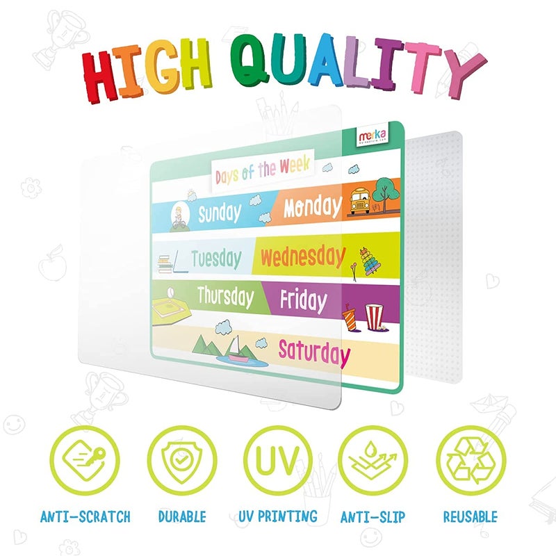 merka Kids Placemats Set - 4-Pack, 17 x 11 in, Multicolor - Interactive Preschool Learning Placemats for Ages 2 & Up with Counting & Days of The Week - Wipeable & Reusable with Slip-Resistant Backing - Image 2