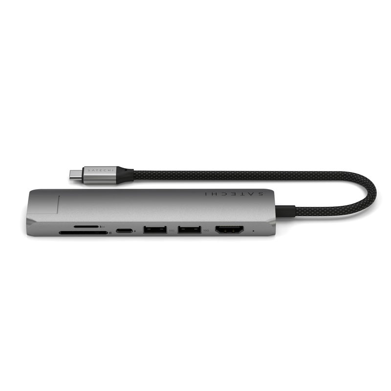 SATECHI 7-in-1 USB-C Slim Multiport Adapter with Ethernet | 4K HDMI, 100W USB-C PD Pass-thru Charge, 2x USB-A 3.2 Gen, Card Readers, Ethernet Port, for iPhone 16/15, iPads, MacBooks, PCs - Space Grey Space Grey - Image 1