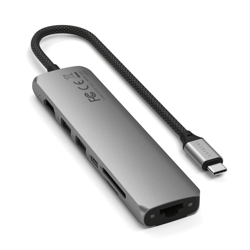 SATECHI 7-in-1 USB-C Slim Multiport Adapter with Ethernet | 4K HDMI, 100W USB-C PD Pass-thru Charge, 2x USB-A 3.2 Gen, Card Readers, Ethernet Port, for iPhone 16/15, iPads, MacBooks, PCs - Space Grey Space Grey - Image 3