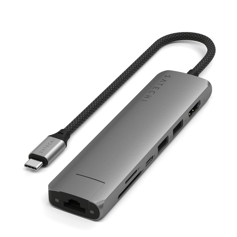 SATECHI 7-in-1 USB-C Slim Multiport Adapter with Ethernet | 4K HDMI, 100W USB-C PD Pass-thru Charge, 2x USB-A 3.2 Gen, Card Readers, Ethernet Port, for iPhone 16/15, iPads, MacBooks, PCs - Space Grey Space Grey - Image 2