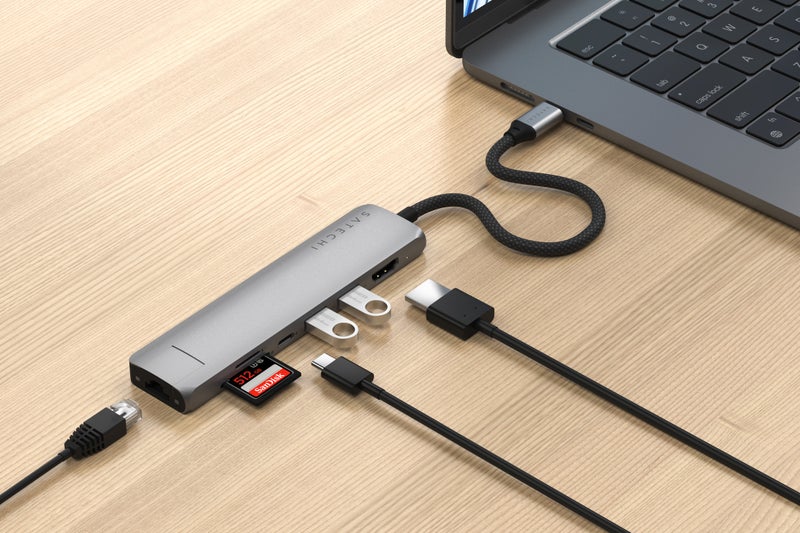 SATECHI 7-in-1 USB-C Slim Multiport Adapter with Ethernet | 4K HDMI, 100W USB-C PD Pass-thru Charge, 2x USB-A 3.2 Gen, Card Readers, Ethernet Port, for iPhone 16/15, iPads, MacBooks, PCs - Space Grey Space Grey - Image 4