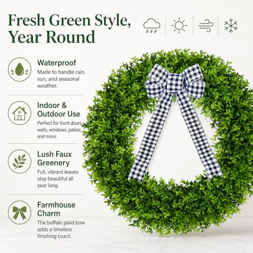 Vlorart 32" Faux Boxwood Wreath, Artificial Large Boxwood Wreaths Front Door, Spring Summer Waterproof Green Wreath Hanging with A Bow for Wall Farmhouse Outside Window Wedding Party Decor Year Round - Image 4