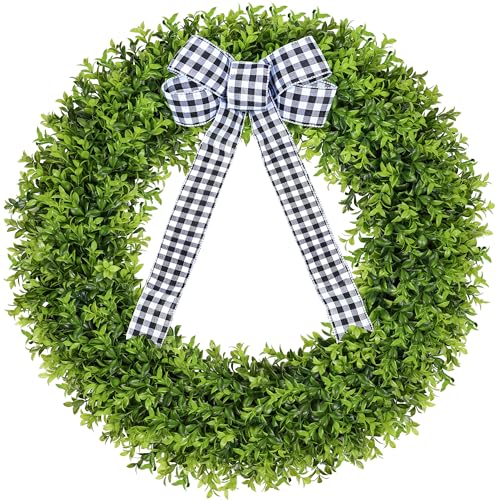 Vlorart 32" Faux Boxwood Wreath, Artificial Large Boxwood Wreaths Front Door, Spring Summer Waterproof Green Wreath Hanging with A Bow for Wall Farmhouse Outside Window Wedding Party Decor Year Round - Image 1