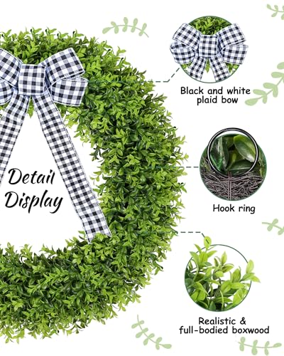 Vlorart 32" Faux Boxwood Wreath, Artificial Large Boxwood Wreaths Front Door, Spring Summer Waterproof Green Wreath Hanging with A Bow for Wall Farmhouse Outside Window Wedding Party Decor Year Round - Image 3