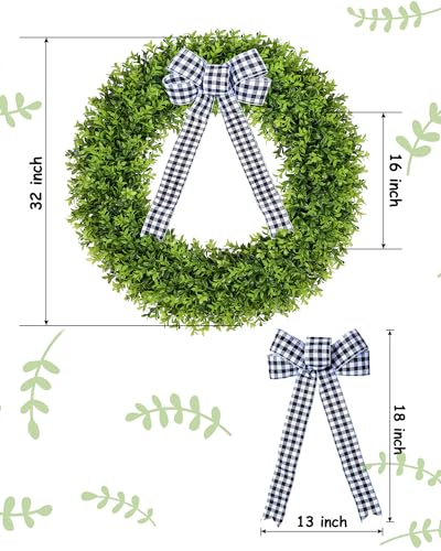 Vlorart 32" Faux Boxwood Wreath, Artificial Large Boxwood Wreaths Front Door, Spring Summer Waterproof Green Wreath Hanging with A Bow for Wall Farmhouse Outside Window Wedding Party Decor Year Round - Image 2