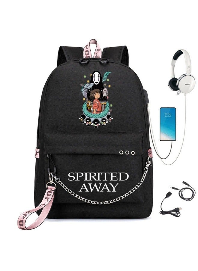 Spirited Away Anime-themed Iron Chain USB Double Shoulder Backpack, Travel Backpack, Middle School Student Bookbag, Laptop Bag - Image 1