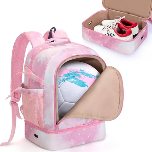 Smasrob Soccer Bags for Girls with Separate Ball Pocket and Shoe Compartment, Sports Backpack for Soccer, Basketball, Volleyball, Pink - Image 1
