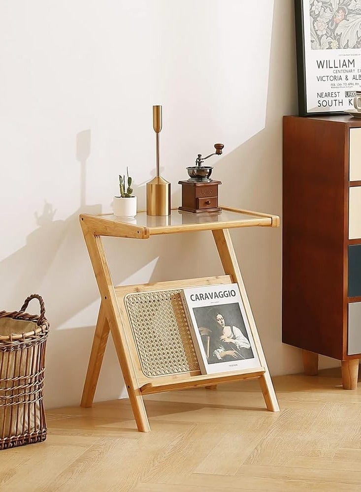 LINGWEI Bamboo End table with Glass Surface Nightstand Beige 50x56x36cm  - Image 4