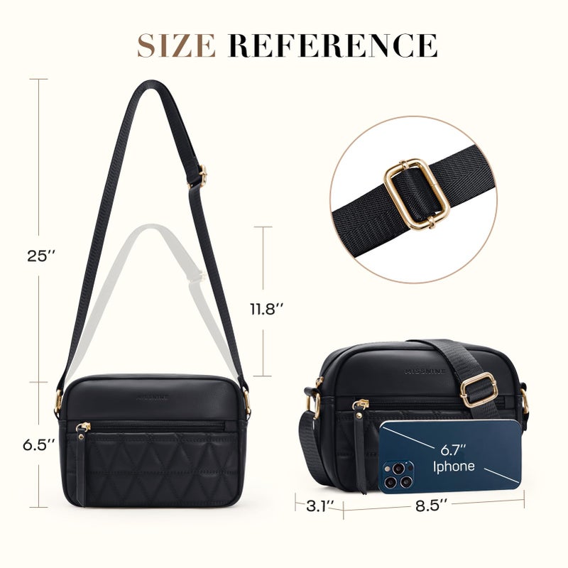 Missnine Small Crossbody Purse Women Quilted Crossbody Bags Soft Leather Shoulder Handbags with Adjustable Strap (Quilted-Black, Small) - Image 3