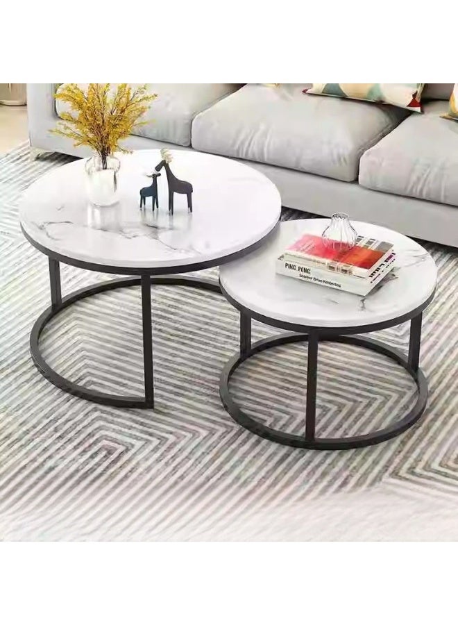 Round Nesting Table Marble: Set of 2 Modern Low Coffee Tables Large 70cm Small 57cm Glossy White Sintered Stone Top Plate Steel Legs Circle Center Accent Table Living Room Couch Furniture - Image 2