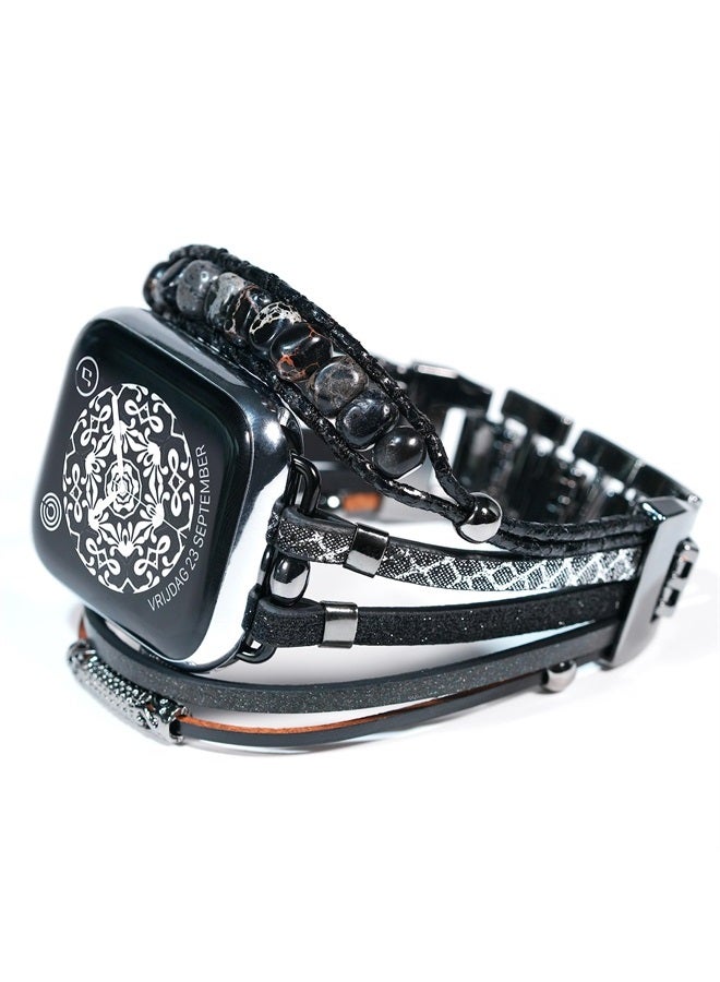 DamonLight Beaded Boho Watch Bracelet Band Compatible with Apple Watch Band Women 42mm 44mm 45mm 49mm, Compatible for iWatch Series Ultra 8 7 6 5 4 3 2 6 1 SE (Black, 42/44/45/49MM) - Image 1