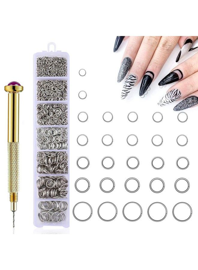DANNEASY 1070Pcs Nail Art Dangle Charm Piercing Tool Hand Drill Nail Piercing Charms Jump Rings Connectors Nail Accessories Jump Ring For Jewelry Craft Making Nail Art Supplies(Silver)  - Image 1