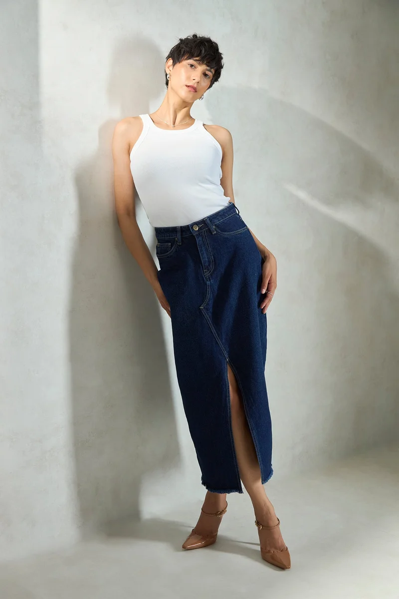 فيرجيو Denim Cotton Denim Skirt With Front Slit for Women