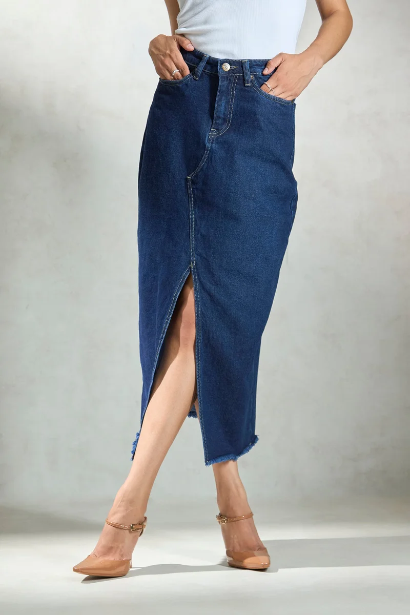 فيرجيو Denim Cotton Denim Skirt With Front Slit for Women