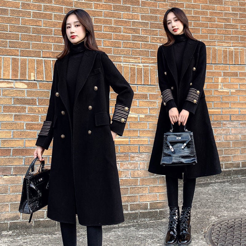 plus size womens long knee-length woolen coat 2023 winter new temperament slim woolen coat thickened Black cotton padded