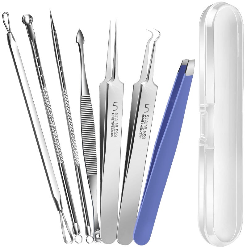 Teenitor 7 Pcs Pimple Popper Tool Kit, Surgical Grade Blackhead Remover Tools, Ingrown Hair Tweezers, Blackhead Extractor Pimple Extractor, Black Head Remover for Face - Image 1