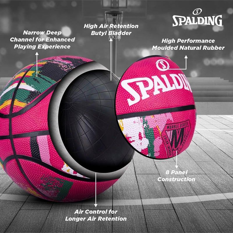 SPALDING 8 Panel Marble Rubber Moulded Indoor/Outdoor Basketball with Butyl Bladder, Pink, Size: 6 (Suitable for Practice/Match/Training) + Free Air Needle - Image 2