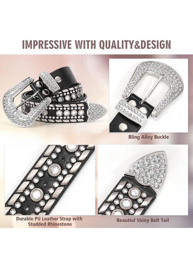 Werforu WERFORU Women Men Rhinestone Studded Western Leather Belt Ladies Vintage Bling Cowgirl Cowboy Waist Belt for Jeans Dress (C-Black, Fit Waist Size31-36 Inches) - Image 4