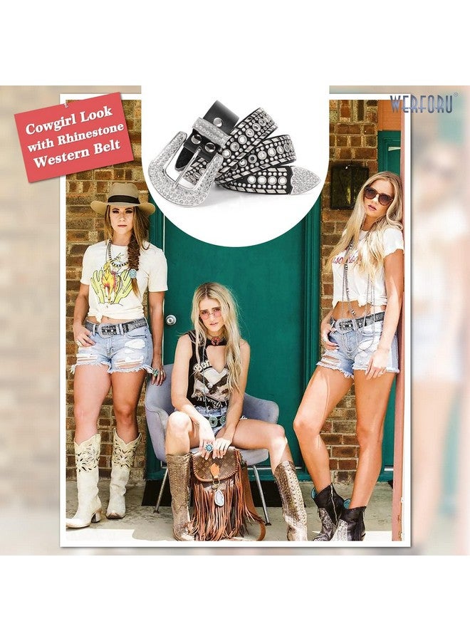 Werforu WERFORU Women Men Rhinestone Studded Western Leather Belt Ladies Vintage Bling Cowgirl Cowboy Waist Belt for Jeans Dress (C-Black, Fit Waist Size31-36 Inches) - Image 5