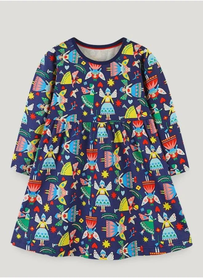 YUNIQEE Navy Blue A-Line Crew Neck Printed Dress