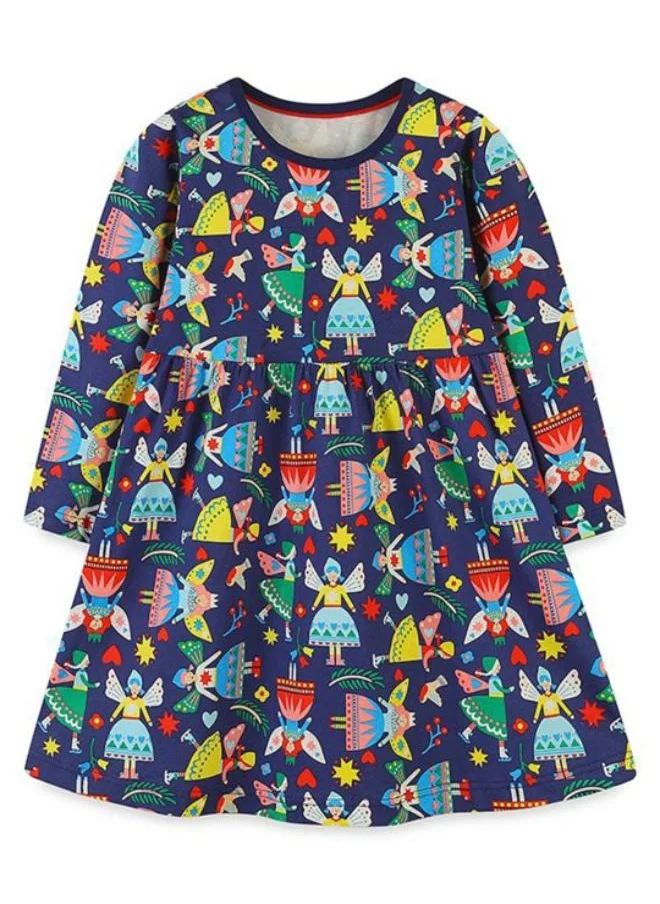 YUNIQEE Navy Blue A-Line Crew Neck Printed Dress