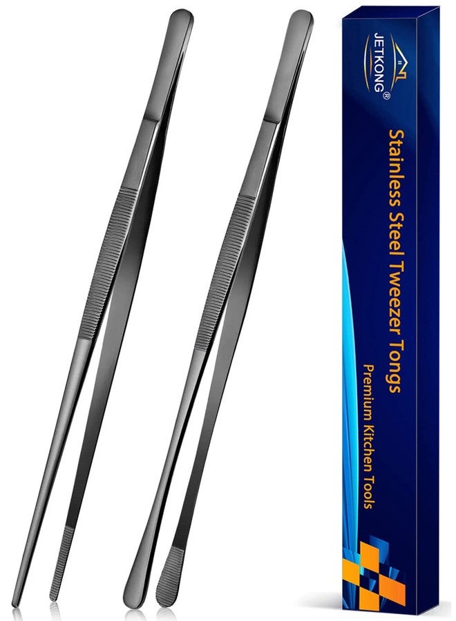 JETKONG 2 Pcs 12-Inch Kitchen Tweezers Tongs with Precision Serrated Tips, Stainless Steel Chef Tweezer Professional Cooking Tweezers for BBQ, Plating and Serving (12-Inch, Black) - Image 1