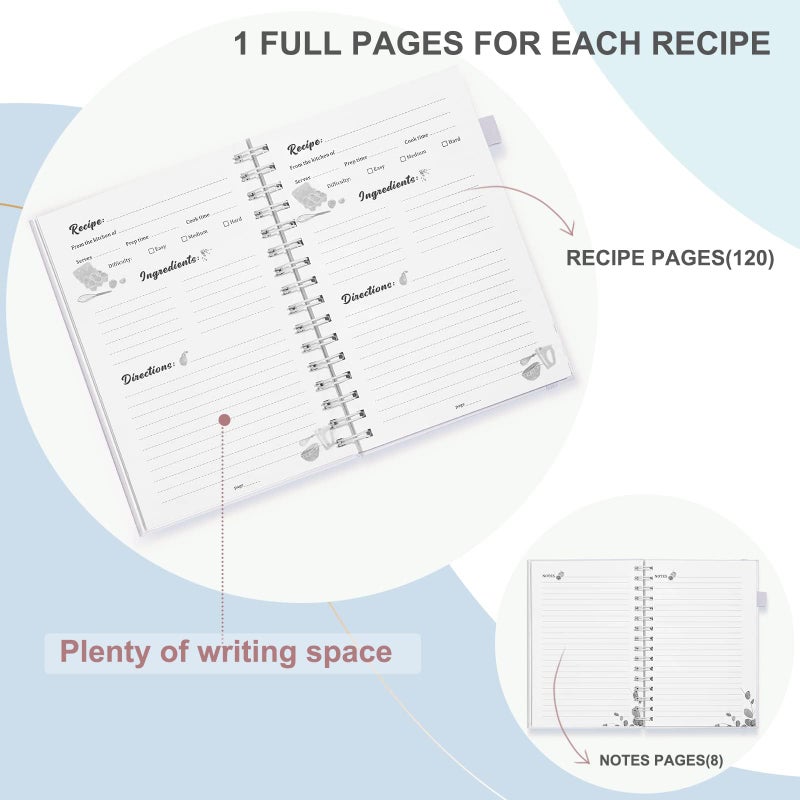 JUBTIC Recipe Book to Write in Your Own Recipes,Sprial Hardcover Personal Blank Recipe Book, Make Your Own Family Cookbook with Gold Foil Stickers, Recipe Notebook Hold 120 recipes - Pearl - Image 5