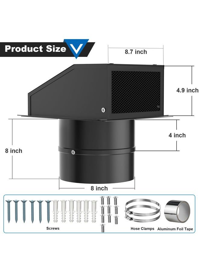Popbee 8 Inch Wall Vent with Screen and Damper, Galvanized Steel Hooded Wall Vent Cover with Hose Clamps Aluminum Foil Tape Screws Black Metal Exhaust Duct Cap Kit for Outdoor Kitchen Range Hood Bathroom - Image 2