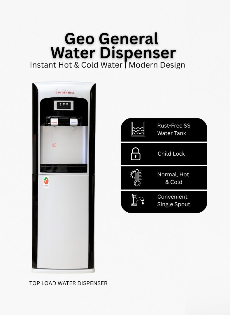 جيو جنرال موزع مياه ساخن وبارد | تصميم بصنبورين مع تسخين وتبريد فوريين | نظام تبريد ضاغط موفر للطاقة | قفل أمان للأطفال | تصميم صغير قائم بذاته للمنزل والمكتب | هيكل ABS متين - لمسة نهائية سوداء أنيقة GSM-83LB - Image 1