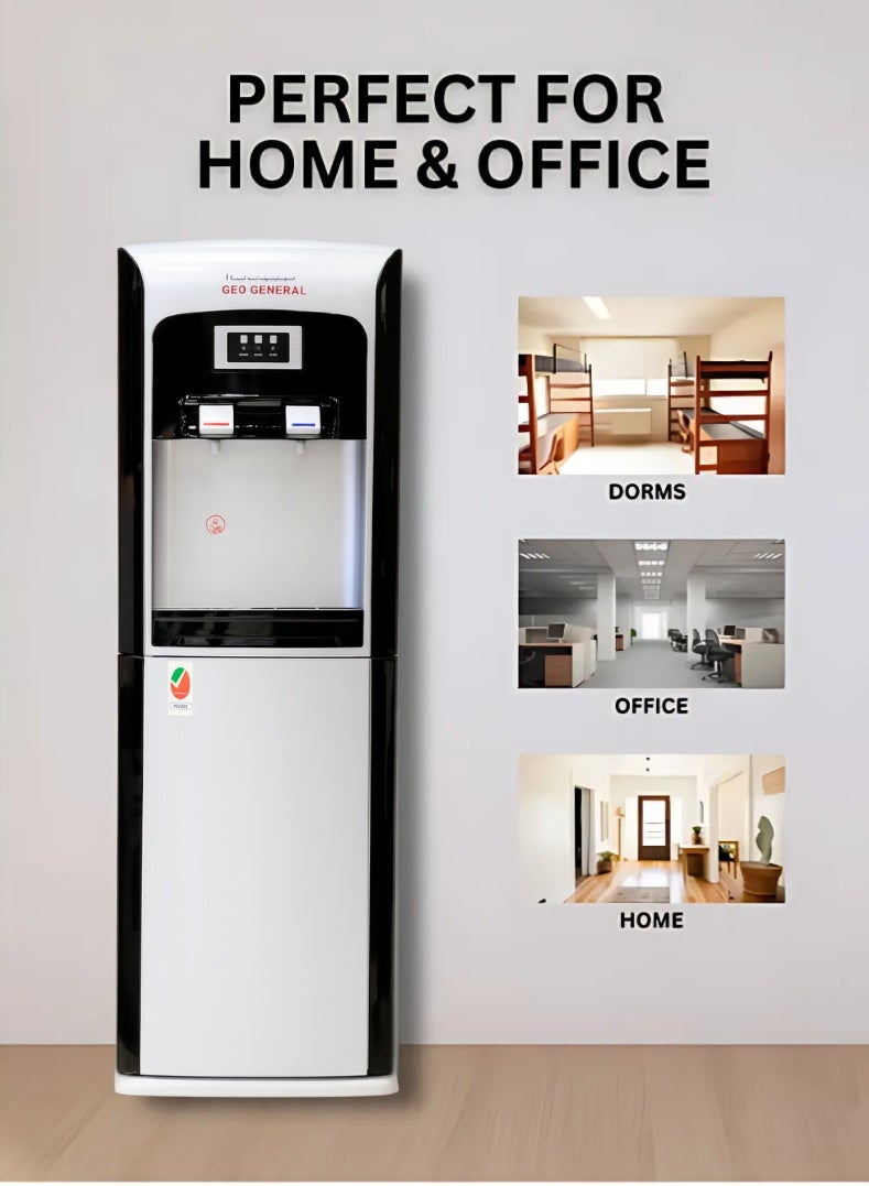 جيو جنرال موزع مياه ساخن وبارد | تصميم بصنبورين مع تسخين وتبريد فوريين | نظام تبريد ضاغط موفر للطاقة | قفل أمان للأطفال | تصميم صغير قائم بذاته للمنزل والمكتب | هيكل ABS متين - لمسة نهائية سوداء أنيقة GSM-83LB - Image 4