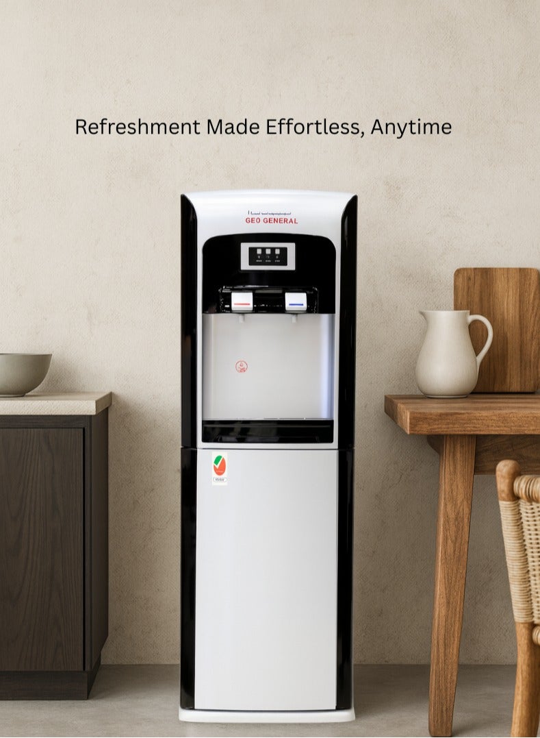 جيو جنرال موزع مياه ساخن وبارد | تصميم بصنبورين مع تسخين وتبريد فوريين | نظام تبريد ضاغط موفر للطاقة | قفل أمان للأطفال | تصميم صغير قائم بذاته للمنزل والمكتب | هيكل ABS متين - لمسة نهائية سوداء أنيقة GSM-83LB - Image 3