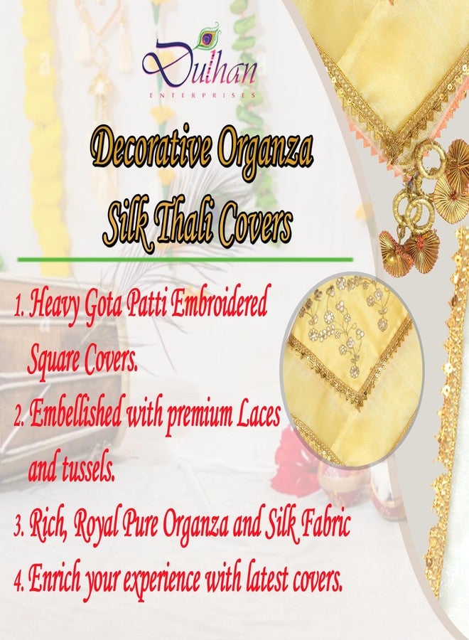 Dulhan Pack of 1 Square Organza Pooja thali Cover/Transparent Silk Thalposh with Gota Patti Work, Light Yellow for Gifting/Wedding/Home Mandir, Diwali, karwa chauth and Pooja Rituals 20 Inches by Dulhan - Image 4