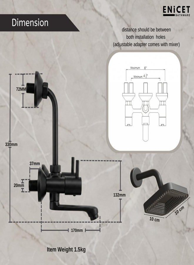 ENICET Brass Wall Mixer with Shower | Matte Black | 190mm Long L Bend Pipe | Wall Mixer for Bathroom | Shower Mixer Set for Bathroom | 7 Year Warranty | Hot and Cold Water Tap (FE121SBlack) - Image 4