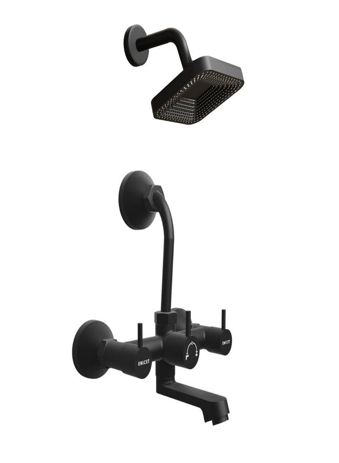 ENICET Brass Wall Mixer with Shower | Matte Black | 190mm Long L Bend Pipe | Wall Mixer for Bathroom | Shower Mixer Set for Bathroom | 7 Year Warranty | Hot and Cold Water Tap (FE121SBlack) - Image 1