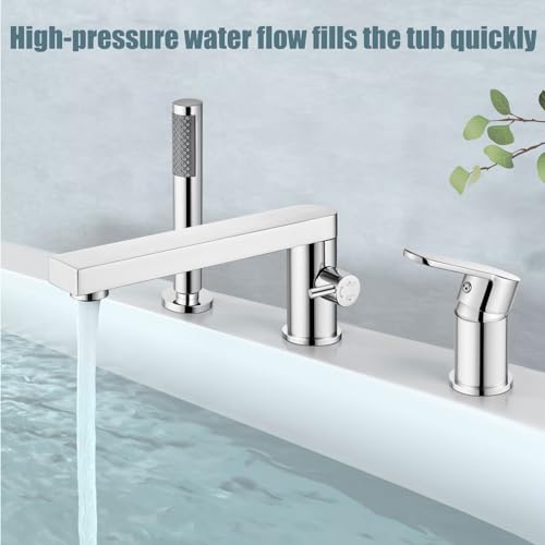 Aolemi Widespread Roman Tub Faucet Single Handle Modern Bathroom Bathtub Faucet Set Deck Mount Swivel Tub Filler with Handheld Sprayer 3 Holes Bath Polish Chrome Right Angle Spout - Image 3
