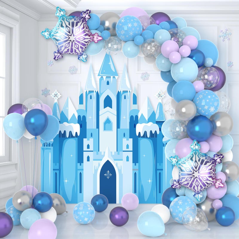 Justforjoyful طقم قوس زينة بالونات الثلج لقلعة الأميرة خلفية زرقاء بنفسجية بالونات ثلجية زينة شتوية لحفلات الأميرة لعيد ميلاد الفتيات حفلات استقبال المواليد حفلات الزفاف لوازم الحفلات - Image 3