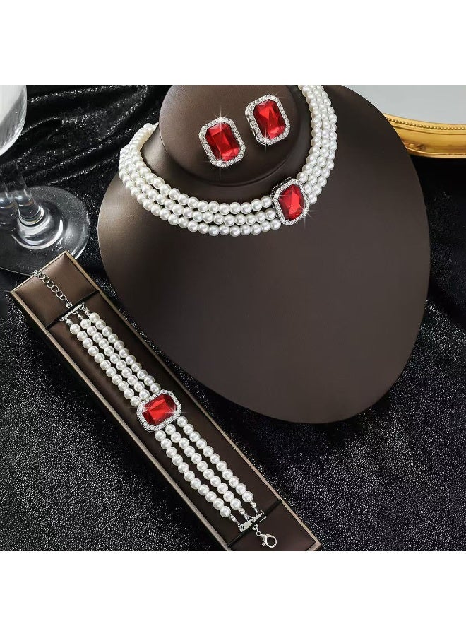 NIBEMINENT European and American French Style Light Luxury Layered Faux Pearl Three-Piece Fashion Accessories Set